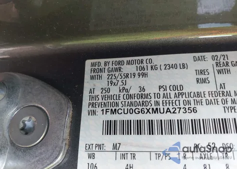 2021 Ford Escape Se from USA, damaged, VIN 1FMCU0G6XMUA27356